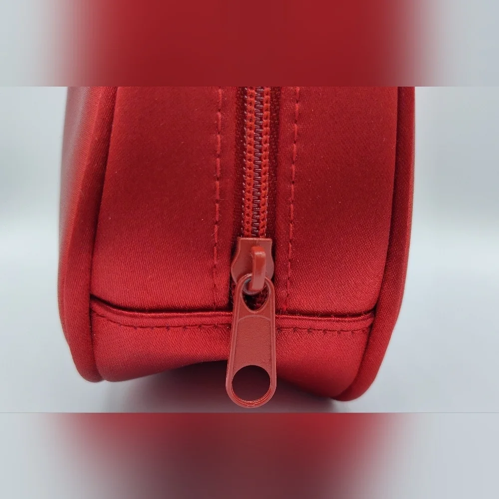 Early 1990s Vintage DIOR Parfum Red Satin Vanity Gold Plaque Vanity Makeup Bag